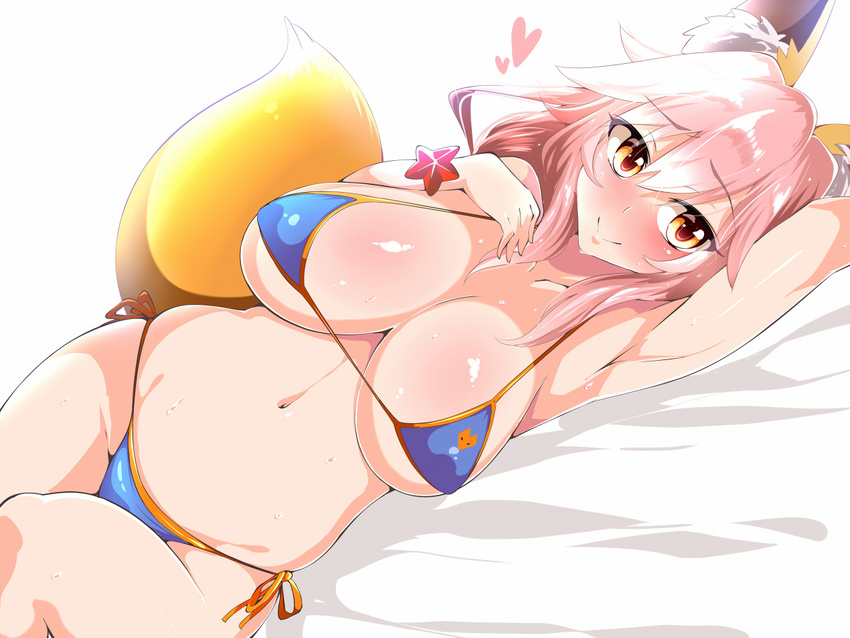 animal_ears arm_up bed_sheet bikini blue_bikini breasts commentary_request dutch_angle fate/grand_order fate_(series) female fox_ears fox_tail hair_between_eyes hand_on_own_chest kurorettsu large_breasts long_hair looking_at_viewer lying navel on_side pink_hair shirt side-tie_bikini_bottom solo stomach swimsuit tail tamamo_(fate) tamamo_no_mae_(swimsuit_lancer)_(fate) underboob yellow_eyes