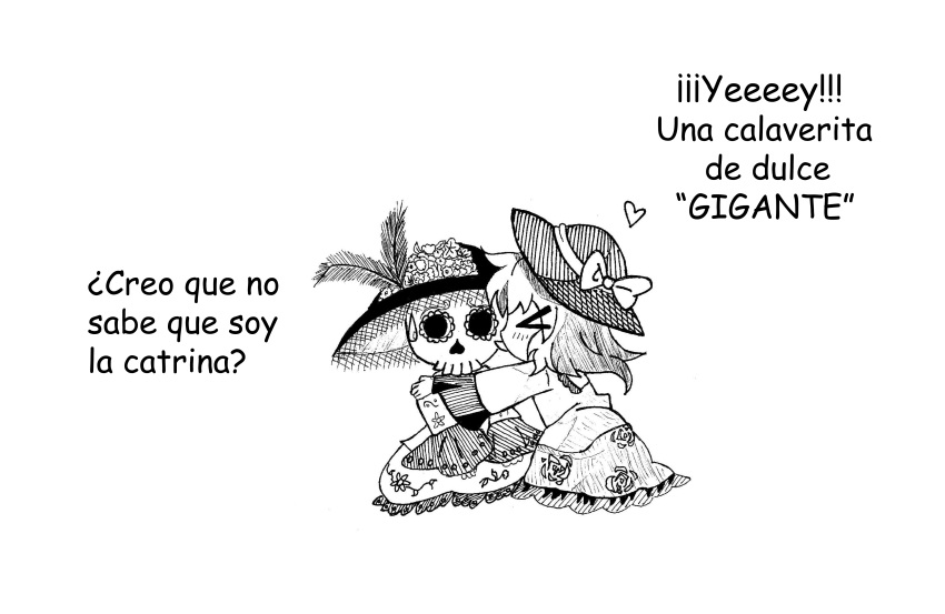 >_< absurdres blush chibi commentary_request dia_de_muertos female greyscale halloween highres komeiji_koishi mexico monochrome photoshop_(medium) psycho_manga_sensei self-upload skeleton skull spanish_text touhou