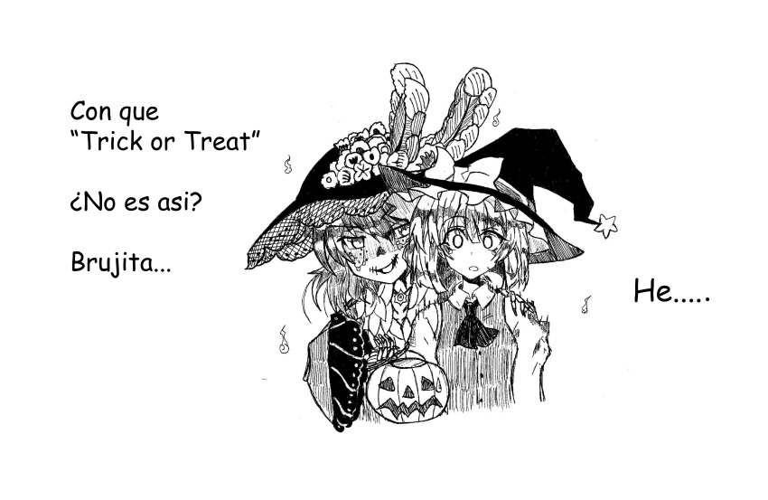 absurdres commentary_request dia_de_muertos greyscale halloween highres konpaku_youmu monochrome photoshop_(medium) psycho_manga_sensei saigyouji_yuyuko self-upload spanish_text touhou