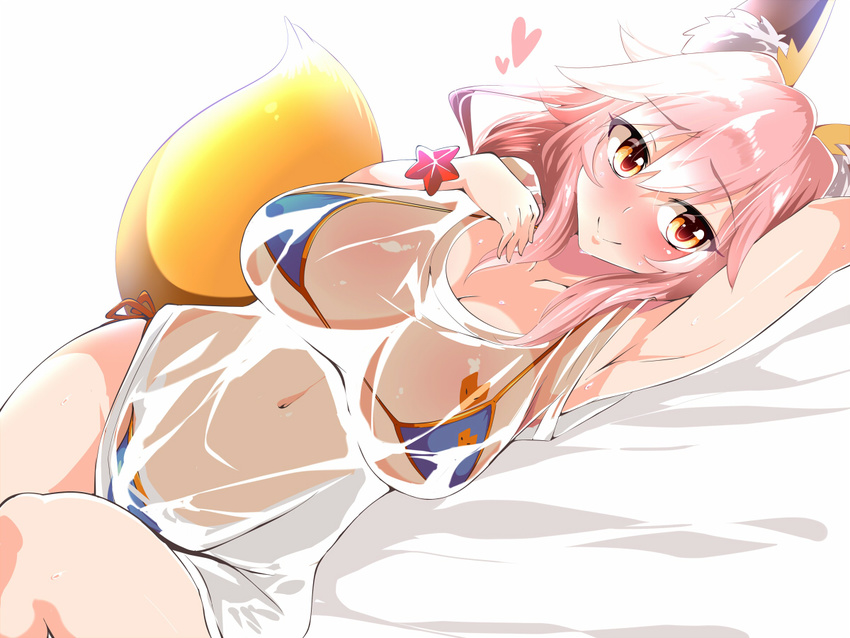 animal_ears arm_up bed_sheet bikini blue_bikini breasts commentary_request dutch_angle fate/grand_order fate_(series) female fox_ears fox_tail hair_between_eyes hand_on_own_chest kurorettsu large_breasts long_hair looking_at_viewer lying midriff navel on_side pink_hair see-through shirt solo swimsuit tail tamamo_(fate) tamamo_no_mae_(swimsuit_lancer)_(fate) tamamo_no_mae_(swimsuit_lancer)_(second_ascension)_(fate) underboob yellow_eyes