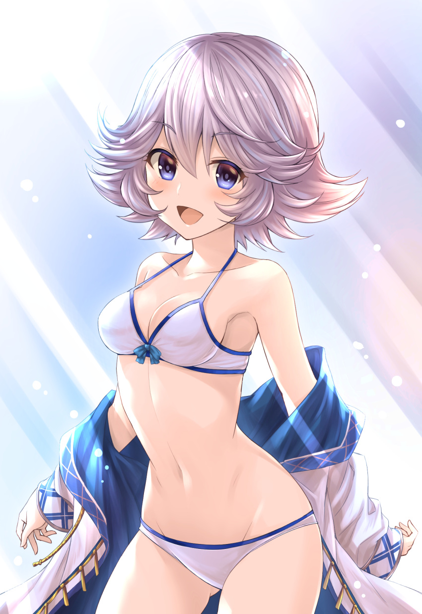 bare_shoulders bikini blue_eyes blush breasts clothes_down colored_eyelashes commentary_request cowboy_shot farrah_(granblue_fantasy) female flipped_hair front-tie_top granblue_fantasy groin highres looking_at_viewer medium_breasts open_mouth short_hair solo swimsuit thighs tomo_(tmtm_mf_mf) white_bikini white_hair