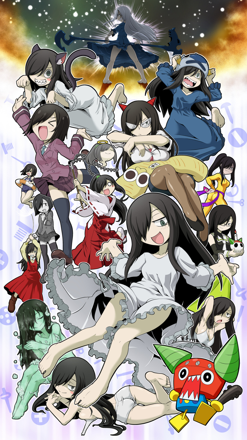 >_< 6+girls :d absurdres animal_ears ass barefoot black_hair blush_stickers candle cat_ears cat_tail closed_eyes colored_skin commentary_request detached_sleeves dress fish_hat furuido_yuuko giving_up_the_ghost glasses green_eyes green_skin hair_over_one_eye half-closed_eyes heybot! highres holding holding_scythe horns innertube japanese_clothes kemonomimi_mode kowakowatto_natsuo long_dress long_hair lying macaroni_(heybot!) miko multiple_girls multiple_persona nejiyanagi_yuuko nude on_stomach oni_horns open_mouth pantyhose pluto_(heybot!) ponytail school_uniform screw scythe sharp_teeth short_hair silver_hair skin_tight smile soap_bubbles solid_circle_eyes swim_ring tail takura_mahiro teeth thighhighs vocamente_yuuko washing_hair