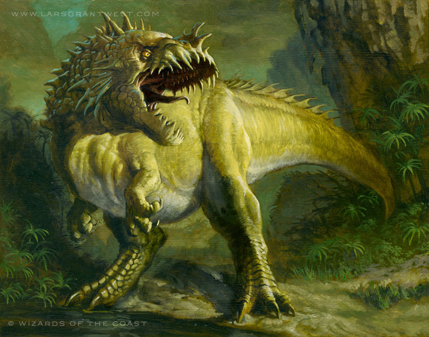 ambiguous_gender dinosaur extinct feral forest green_theme hasbro jungle landscape lars_grant-west looking_away magic:_the_gathering male official_art plant prehistoric_species reptile roaring scalie sharp_teeth signature solo spines standing teeth text theropod tongue tree url water wizards_of_the_coast