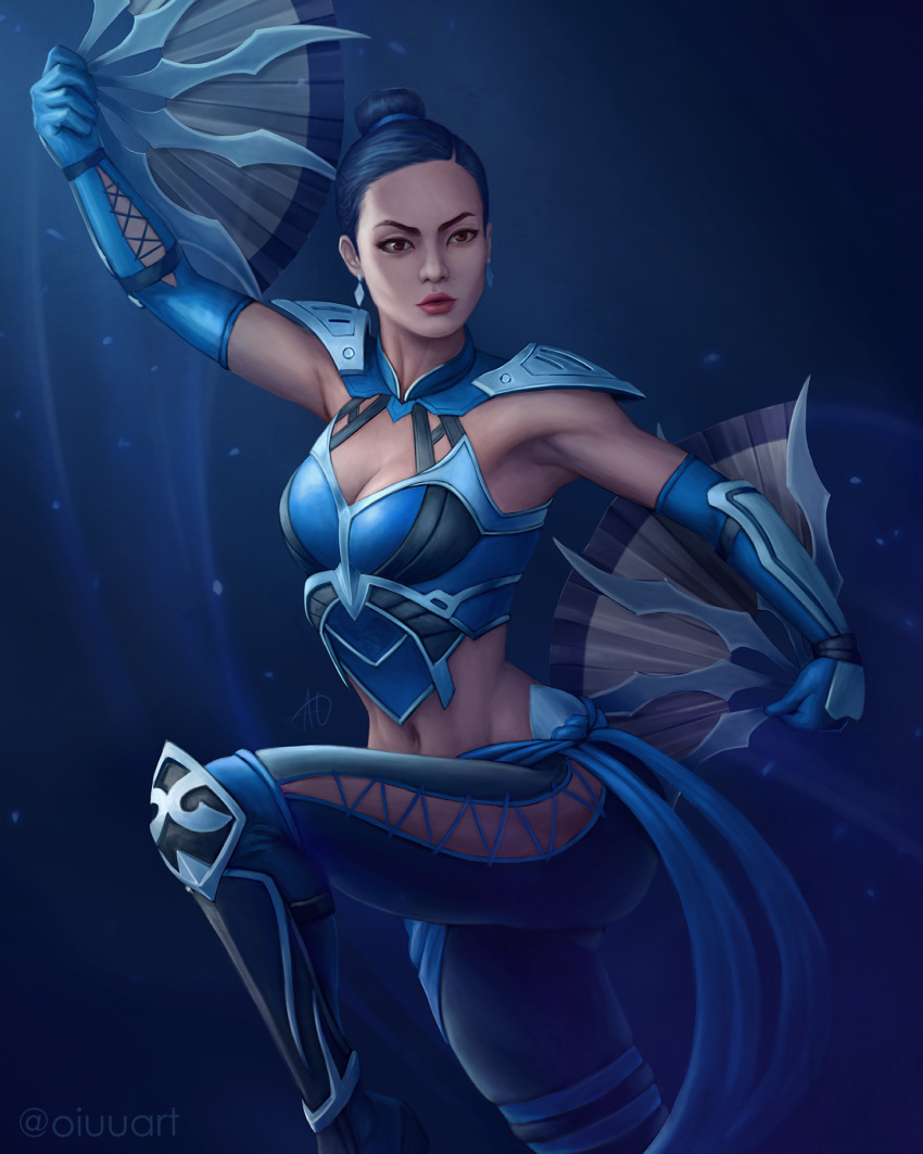 1girls alternate_version_available black_hair blue_clothing breasts edenian fan female female_only fully_clothed heroharborx kitana midriff mortal_kombat mortal_kombat_11 mortal_kombat_1_(2023) oiuuart short_hair solo solo_female toned toned_female toned_stomach weapon