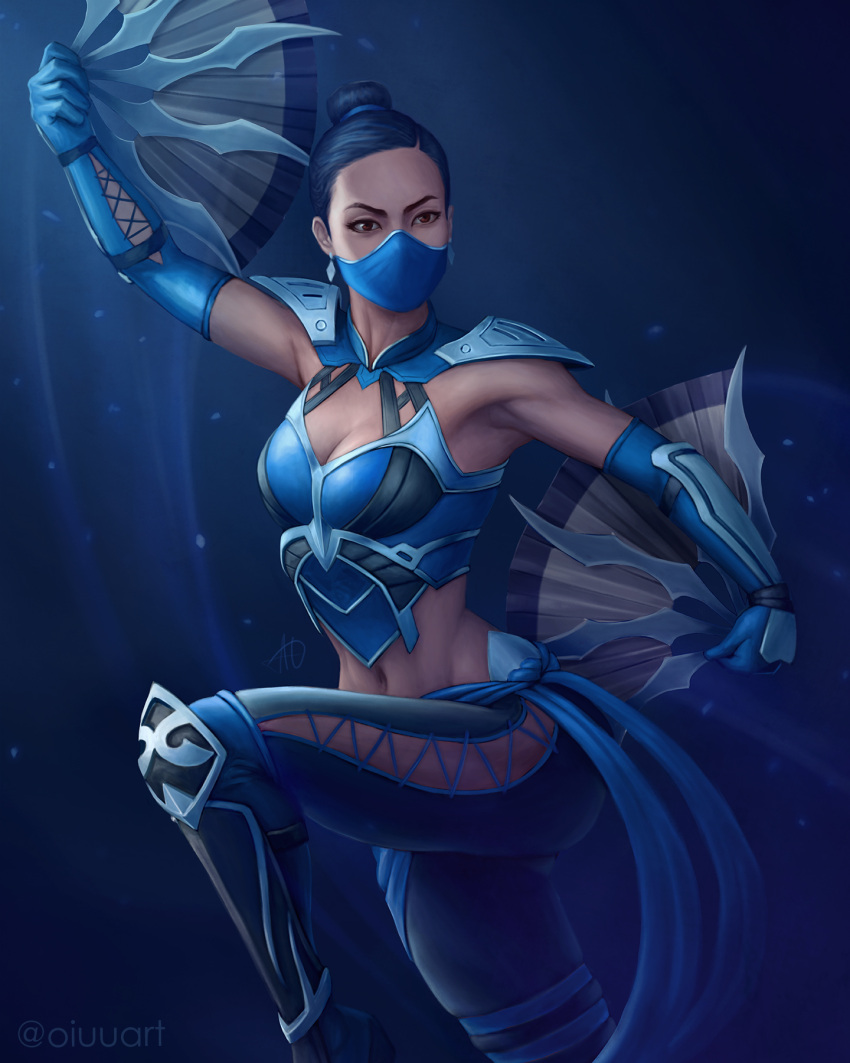 1girls alternate_version_available black_hair blue_clothing breasts edenian fan female female_only fully_clothed heroharborx kitana mask masked masked_female midriff mortal_kombat mortal_kombat_11 oiuuart short_hair solo solo_female toned toned_female toned_stomach weapon