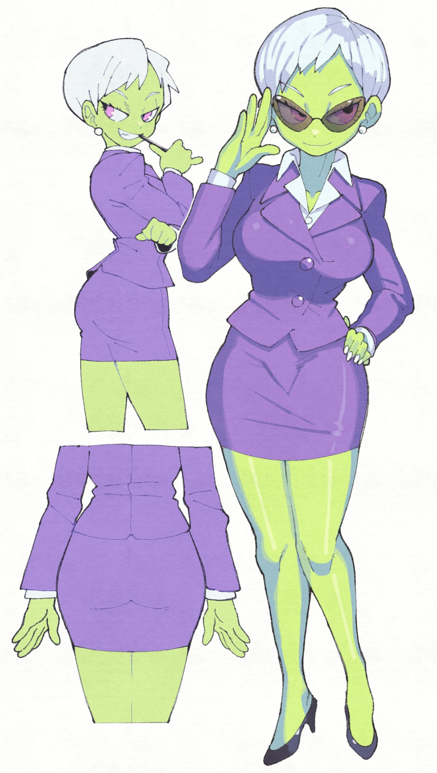 adjusting_eyewear adjusting_glasses adjusting_sunglasses big_breasts cheelai dragon_ball dragon_ball_super high_heels inkuusan office_lady suit sunglasses tinted_eyewear wide_hips