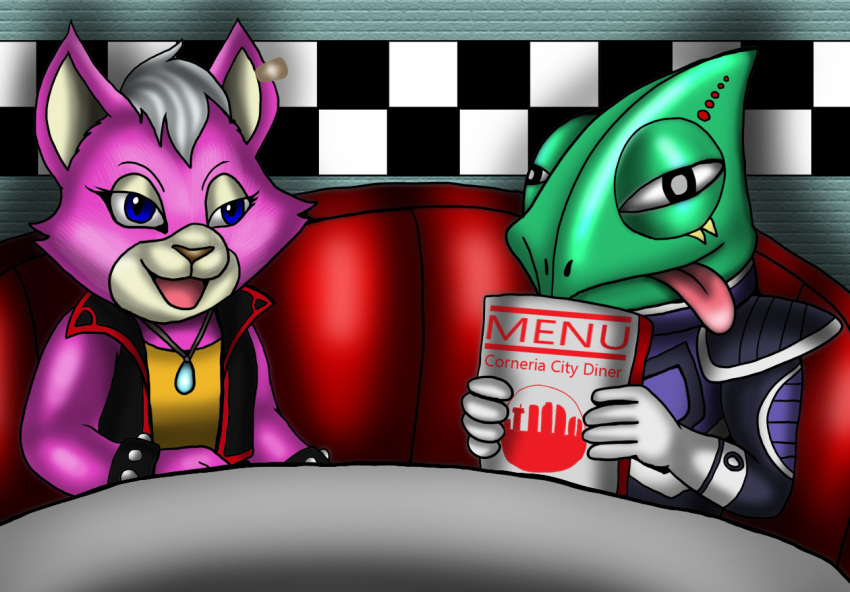 anthro armchair chair chameleon clothed clothing date domestic_cat duo felid feline felis female furniture grin katt_monroe leon leon_powalski lizard male male/female mammal menu nintendo reptile restaurant scalie smile star_fox table vixdojofox