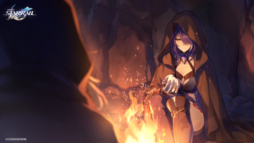 1other acheron_(honkai:_star_rail) black_choker breasts campfire choker cleavage cloak female fire food hair_over_one_eye halterneck highres holding holding_food honkai:_star_rail honkai_(series) hood hood_up hooded_cloak leg_tattoo long_hair multicolored_hair official_art purple_eyes purple_hair sitting streaked_hair tattoo tiernan_(honkai:_star_rail) white_hair