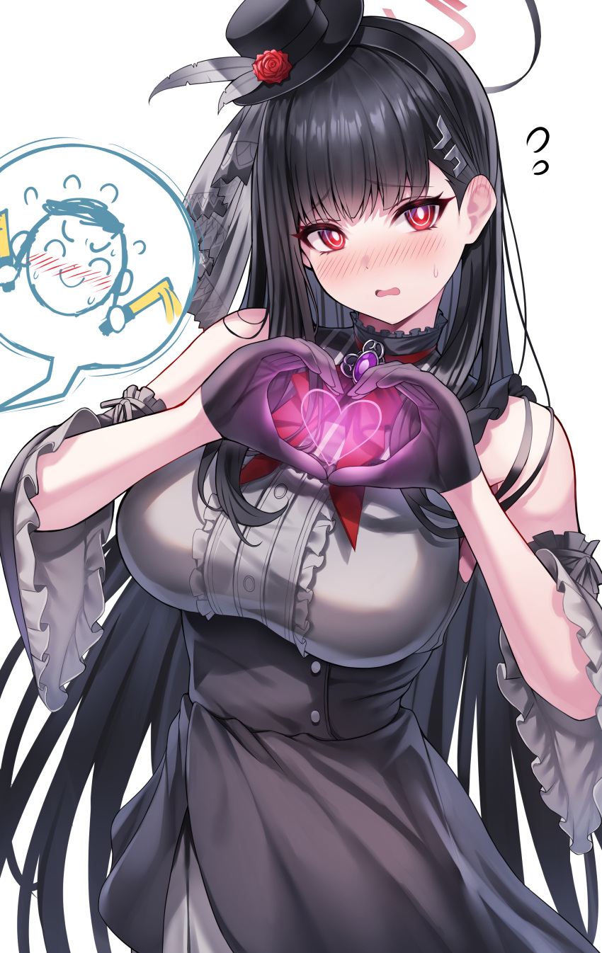 absurdres alternate_costume bare_shoulders black_gloves black_hair black_halo black_hat blue_archive blush breasts commentary_request detached_sleeves doodle_sensei_(blue_archive) embarrassed female gloves hair_ornament hairclip halo hands_up hat heart heart_hands highres idol large_breasts long_hair looking_at_viewer nano_(syoutamho) open_mouth red_eyes revision rio_(blue_archive) sensei_(blue_archive) simple_background solo white_background