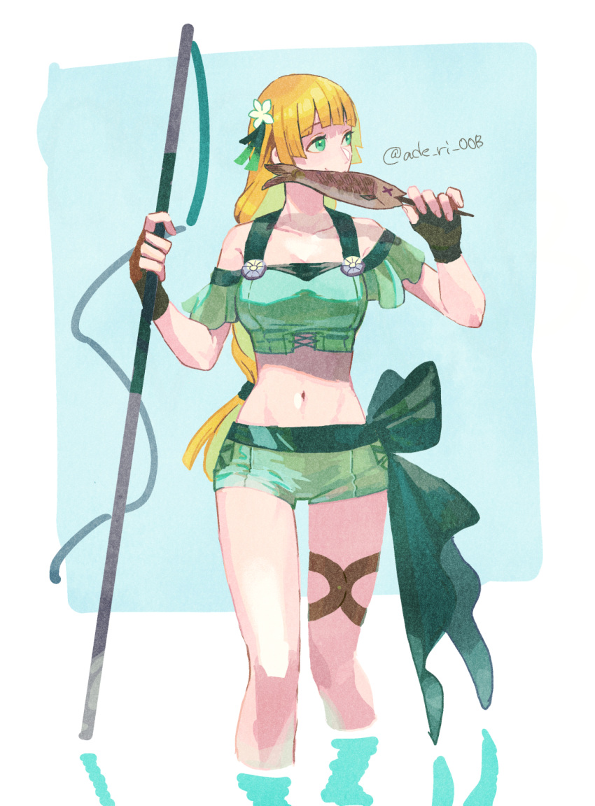 bikini bikini_shorts blonde_hair bow breasts brown_gloves collarbone crop_top cropped_legs female fingerless_gloves fire_emblem fire_emblem:_three_houses fire_emblem_heroes fish_(food) flower food gloves green_bikini green_bow green_eyes green_ribbons grilled_fish hair_flower hair_ornament highres holding holding_skewer ingrid_brandl_galatea ingrid_brandl_galatea_(summer) long_hair looking_to_the_side medium_breasts navel official_alternate_costume prrrr333 ribbon short_shorts shorts skewer solo swimsuit thigh_strap twitter_username