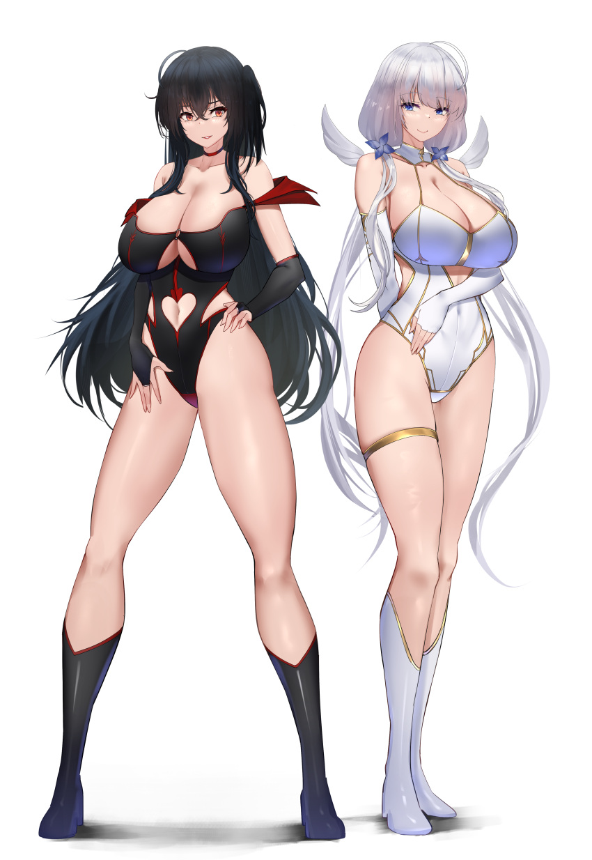 2girls absurdres ahoge alternate_costume angel_and_devil azur_lane black_footwear black_hair black_leotard blue_eyes blue_flower boots breasts bridal_gauntlets choker cleavage clothing_cutout covered_navel detached_collar elbow_gloves english_commentary fingerless_gloves flower full_body gloves gold_thighlet gold_trim hair_flower hair_ornament hand_on_own_hip heart_cutout highres huge_breasts illustrious_(azur_lane) irkawaza leotard long_hair looking_at_viewer multiple_girls navel navel_cutout o-ring o-ring_leotard red_choker red_eyes red_trim second-party_source simple_background standing taihou_(azur_lane) underboob_cutout very_long_hair white_background white_footwear white_hair white_leotard wings wrestling_outfit