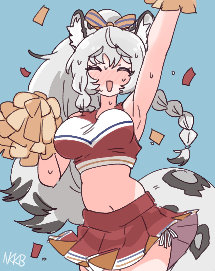 absurdres alternate_costume animal_ears arknights blush bow braid cheering cheerleader closed_eyes confetti female hairbow highres leopard_ears leopard_girl midriff miniskirt nikukabe open_mouth pom_pom_(cheerleading) ponytail pramanix_(arknights) side_braid simple_background skirt snow_leopard_tail sweatdrop tail thighs white_hair