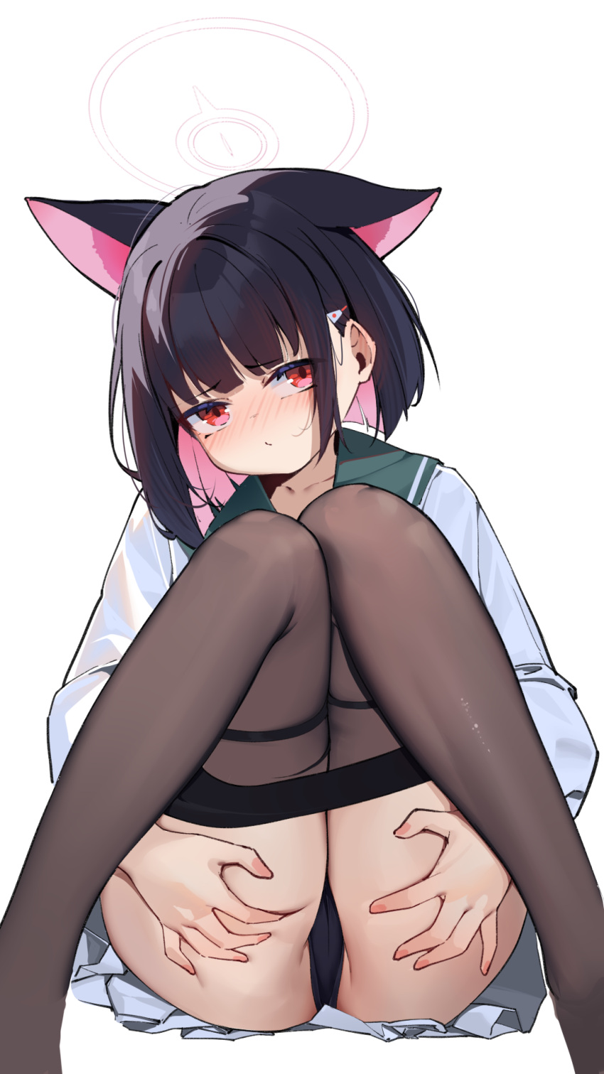 ass ass_focus black_hair black_panties black_pantyhose blue_archive blush closed_mouth clothes_pull collarbone colored_inner_hair commentary_request feet_out_of_frame female green_sailor_collar halo hands_on_own_ass highres kazusa_(blue_archive) knees_together_feet_apart long_sleeves multicolored_hair painterliuhao panties pantyhose pantyhose_pull pink_eyes pink_hair pleated_skirt sailor_collar school_uniform serafuku shirt short_hair simple_background sitting skindentation skirt solo thighband_pantyhose underwear white_background white_serafuku white_shirt white_skirt