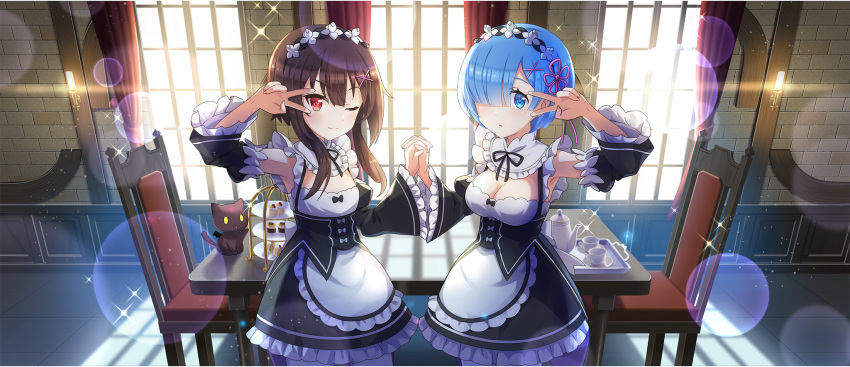 2girls ;) alternate_costume bell_sleeves black_cat black_ribbon blue_eyes blue_hair breasts brown_hair chomusuke cleavage collar cosplay crossover cup detached_sleeves dress enmaided feline frilled_collar frilled_dress frilled_sleeves frills game_cg hair_ornament hair_over_one_eye hair_ribbon highres holding_hands indoors kono_subarashii_sekai_ni_shukufuku_wo! konosuba_fantastic_days light_rays looking_at_viewer maid maid_headdress matching_outfits medium_breasts megumin multiple_girls neck_ribbon official_art one_eye_closed parted_lips pink_ribbon re:zero_kara_hajimeru_isekai_seikatsu red_eyes rem_(re:zero) rem_(re:zero)_(cosplay) ribbon ribbon-trimmed_dress roswaal_mansion_maid_uniform saucer short_hair short_hair_with_long_locks sidelocks sleeveless small_breasts smile sunbeam sunlight tea_set teacup teapot thighhighs tiered_tray tray two-tone_dress v_over_eye white_collar white_thighhighs wings x_hair_ornament