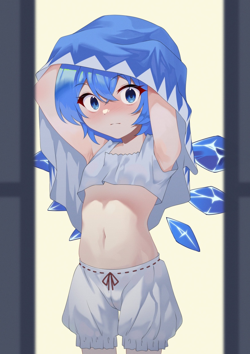 absurdres bloomers blue_bow blue_dress blue_eyes blue_hair blush bow bra cirno closed_mouth collarbone commentary_request crop_top dress female groin hairbow highres ice ice_wings looking_at_viewer navel nose_blush punidayo short_hair simple_background sleeveless sliding_doors solo stomach tank_top touhou underwear undressing white_background white_bloomers white_bra white_tank_top wings