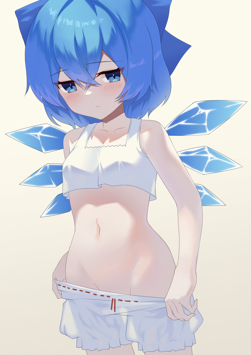 absurdres bloomers bloomers_pull blue_bow blue_eyes blue_hair bow bra cirno closed_mouth collarbone commentary_request crop_top female groin hairbow highres ice ice_wings looking_at_viewer navel punidayo short_hair simple_background sleeveless solo stomach tank_top touhou underwear undressing white_background white_bloomers white_bra white_tank_top wings