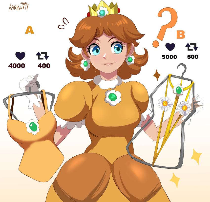 1girls absurd_res blue_eyes brown_hair crown dress earrings female female_only karbuitt mario_(series) nintendo princess_daisy slingshot_swimsuit solo strip_game swimsuit twitter_strip_game_(meme) white_background