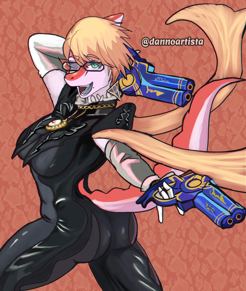 2024 5_fingers abstract_background absurd_res anthro artist_name ass bayonetta bayonetta_(character) blonde_hair bone_frill breasts cosplay curvy_figure dannoartista digital_drawing_(artwork) digital_media_(artwork) dinosaur eyeshadow eyewear female fingers frill_(anatomy) glasses goodbye_volcano_high gun hadrosaurid hair hi_res long_tail looking_at_viewer looking_back looking_back_at_viewer makeup multicolored_body multicolored_scales naomi_(gvh) one_eye_closed open_mouth open_smile orange_body orange_scales ornithischian ornithopod parasaurolophus platinumgames prehistoric_species ranged_weapon reptile scales scalie short_hair smile snout solo spiked_tail spikes spikes_(anatomy) tail teal_eyes thick_thighs two_tone_body two_tone_scales watermark weapon white_body white_scales wink winking_at_viewer