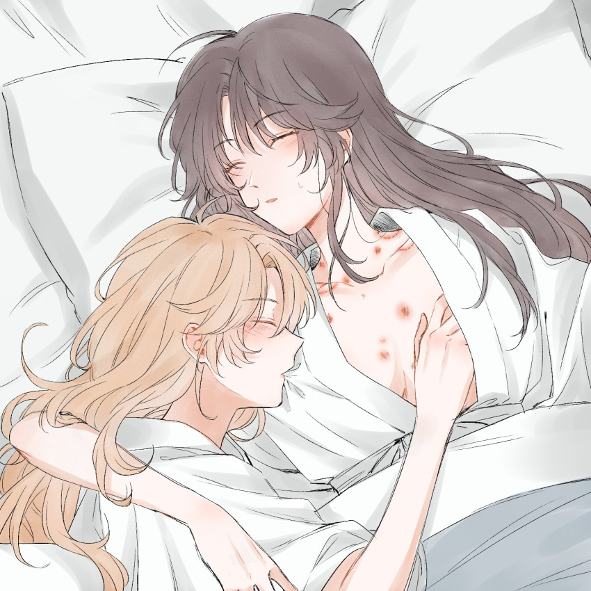 2girls after_sex arm_around_shoulder bite_mark blonde_hair breasts breasts_apart brown_hair closed_eyes futon grabbing_another's_breast groping hakurei_reimu head_on_another's_shoulder hickey highres hitte5416 kirisame_marisa long_hair lying medium_breasts multiple_girls on_side open_clothes pillow sleeping sleepwear touhou yuri