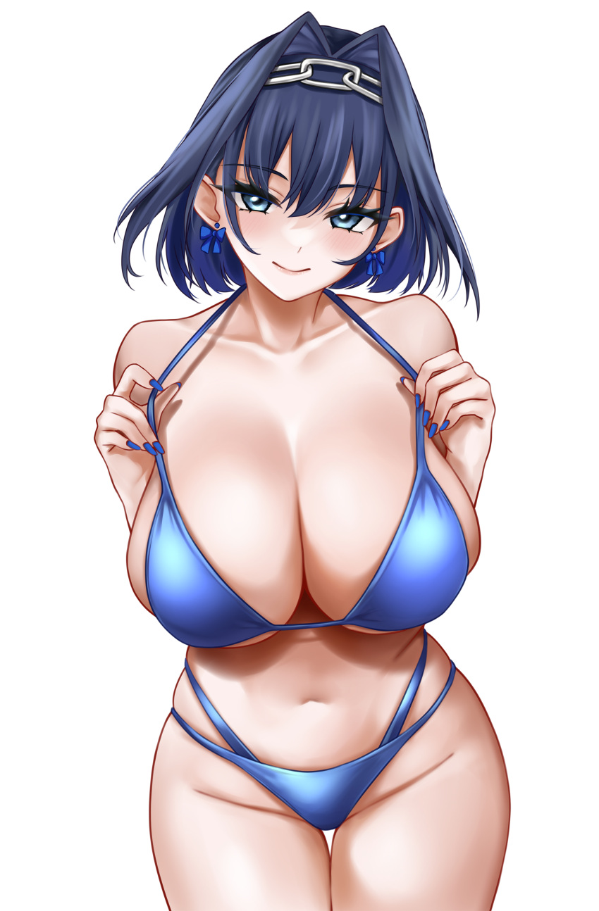 absurdres bikini black_hair blue_hair blue_nails bow bow_earrings breasts chain_headband chains cleavage earrings female hair_intakes highres hololive hololive_english jewelry large_breasts looking_to_the_side ouro_kronii rain_(rain910) ribbon_earrings standing swimsuit transparent_background virtual_youtuber