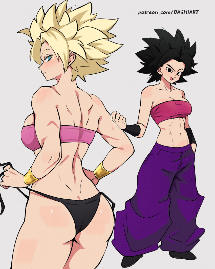 artist_name baggy_pants big_hair black_eyes black_hair black_panties blonde_hair caulifla crop_top dashi_(dashiart) dragon_ball dragon_ball_super highres looking_at_viewer midriff multiple_views navel no_pants panties pants pink_tube_top purple_pants saiyan spiked_hair strapless super_saiyan super_saiyan_1 tube_top underwear