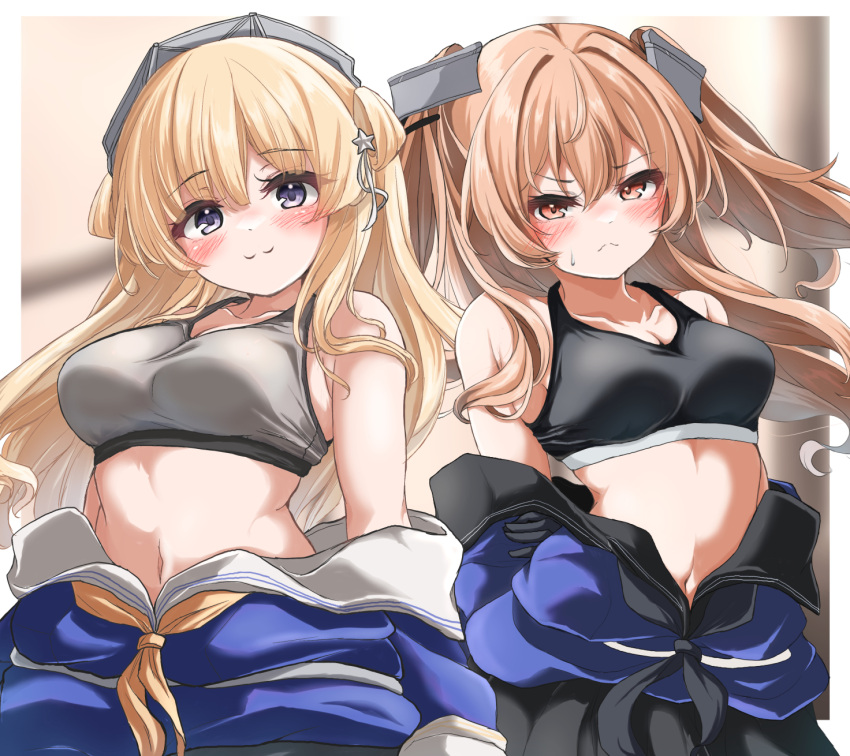 2girls :< :3 black_skirt blonde_hair blue_serafuku blush breasts brown_hair double_bun fletcher_(kancolle) hair_bun highres johnston_(kancolle) kantai_collection kasashi_(kasasi008) medium_breasts midriff multiple_girls navel purple_eyes red_eyes school_uniform serafuku skirt sports_bra two_side_up