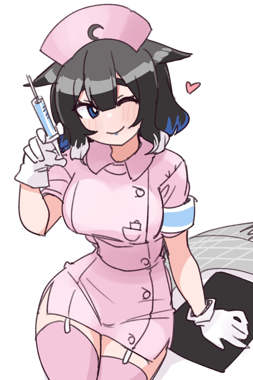 absurdres arknights black_hair blue_eyes blush female garter_straps gloves hat heart highres holding holding_syringe kjera_(arknights) multicolored_hair nikukabe nurse nurse_cap one_eye_closed short_sleeves simple_background sitting smile solo spoken_heart syringe tagme tail thighhighs white_gloves