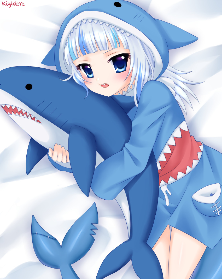 absurdres animal_hood artist_name blue_eyes blue_hoodie blue_streaks commentary english_commentary female fins fish_tail gawr_gura gawr_gura_(1st_costume) highres holding holding_stuffed_toy hololive hololive_english hood hood_up hoodie ikea_shark kigidere long_sleeves looking_at_another lying on_bed open_mouth protected_link shark_hood shark_tail sharp_teeth solo stuffed_animal stuffed_shark stuffed_toy tail teeth white_hair