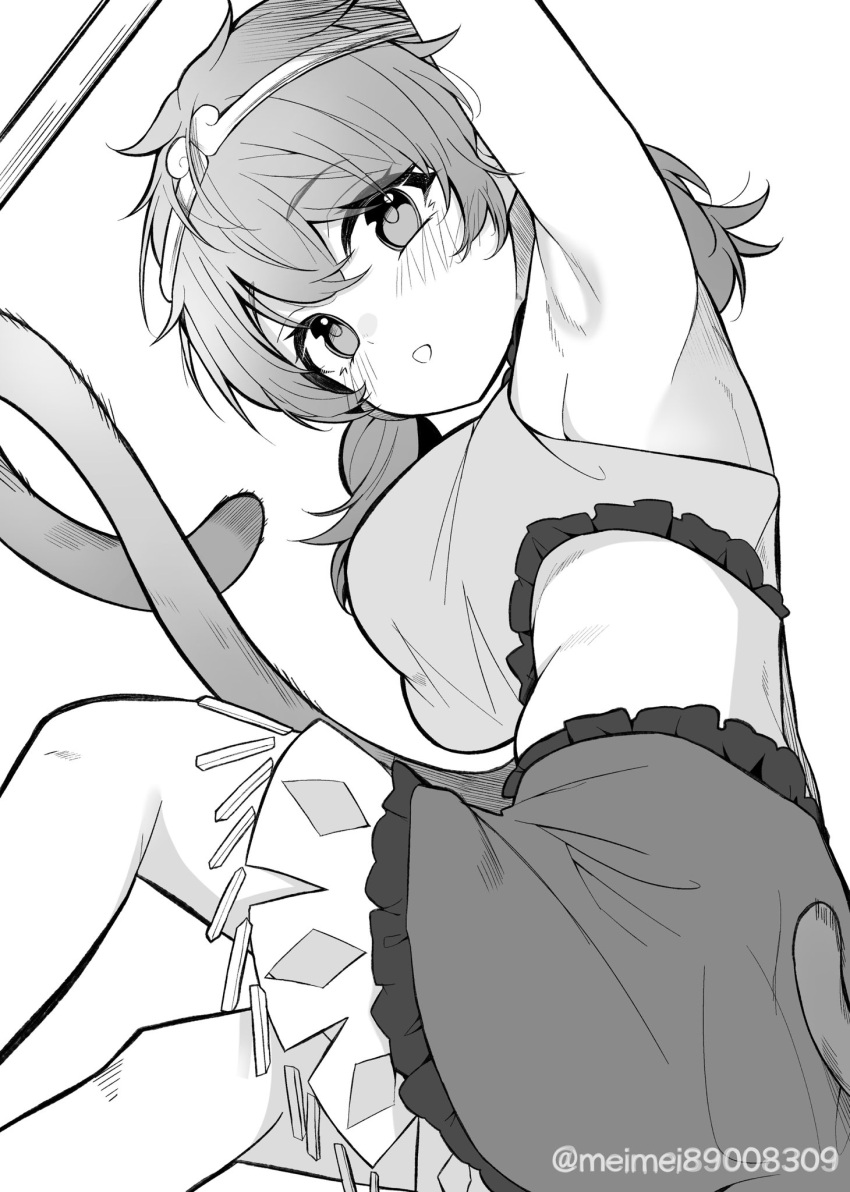 arm_up armpits blush breasts circlet commentary_request feet_out_of_frame female frilled_shirt frilled_skirt frills from_below greyscale hair_between_eyes highres invisible_chair looking_at_viewer low_twintails medium_hair meimei_(meimei89008309) midriff monkey_tail monochrome open_mouth shirt simple_background sitting skirt sleeveless sleeveless_shirt solo son_biten tail touhou twintails twitter_username white_background