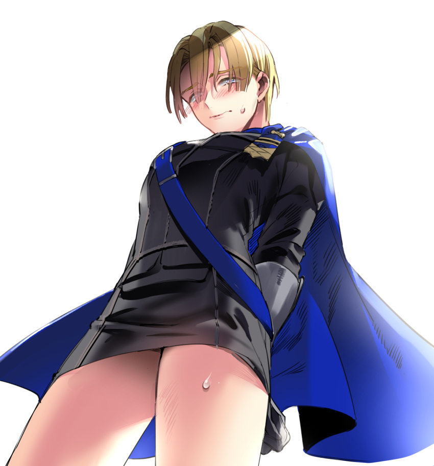 1boy arms_behind_back bare_legs belt belt_buckle black_gloves black_shirt black_skirt blonde_hair blue_belt blue_cape blush buckle cape chest_belt closed_mouth commentary_request crossdressing dimitri_alexandre_blaiddyd fire_emblem fire_emblem:_three_houses garreg_mach_monastery_uniform gloves hair_between_eyes highres kkuonn19 long_sleeves looking_to_the_side male_focus nervous_sweating school_uniform shirt short_hair side_cape sideways_glance simple_background skirt sleeve_cuffs solo sweat sweatdrop white_background