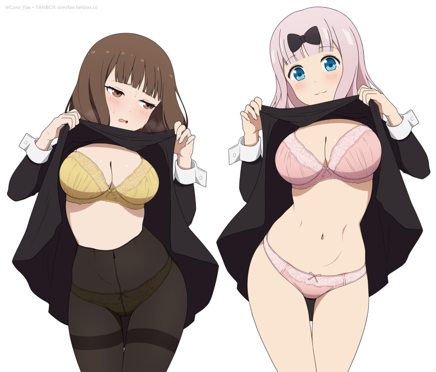 2girls :3 black_bow black_dress black_pants black_pantyhose blue_eyes blush bow bra breasts brown_eyes brown_hair closed_mouth clothes_lift coro_fae cowboy_shot dress dress_lift fujiwara_chika hairbow highres iino_miko kaguya-sama_wa_kokurasetai_~tensai-tachi_no_renai_zunousen~ large_breasts lifting_own_clothes long_hair looking_at_viewer looking_to_the_side medium_breasts multiple_girls navel paid_reward_available panties panties_under_pantyhose pants pantyhose pink_bra pink_hair pink_panties school_uniform shuuchiin_academy_school_uniform simple_background smile standing sweat thighband_pantyhose underwear white_background wrist_cuffs yellow_bra yellow_panties