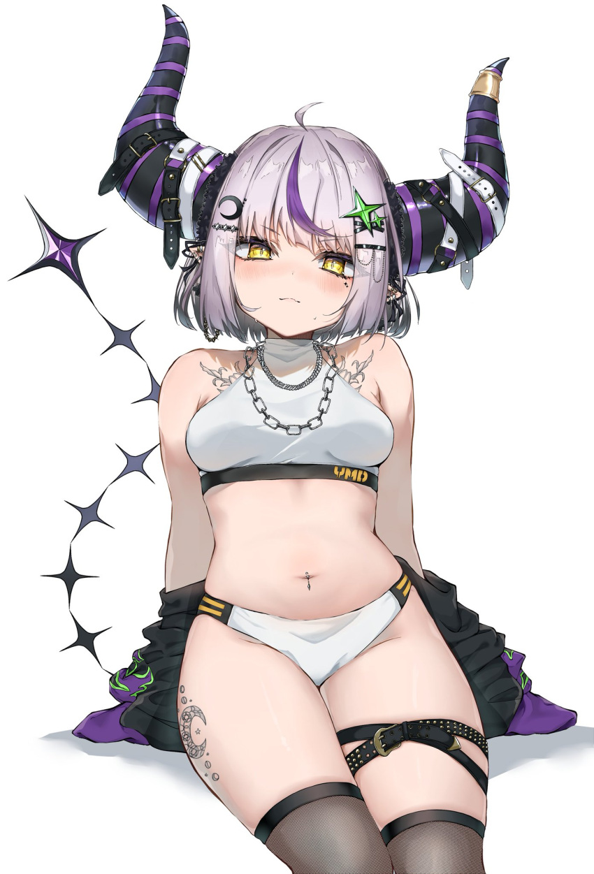 ahoge alternate_breast_size belt black_shirt blunt_bangs blush breasts chain_necklace chains chest_tattoo closed_mouth commentary_request crescent crescent_hair_ornament crescent_tattoo demon_horns demon_tail ear_piercing eyeshadow female fishnet_thighhighs fishnets grey_hair hair_ornament hairpin halterneck highres hololive horn_belt horns jewelry la+_darknesss leg_tattoo legs_together long_hair makeup mascara medium_breasts multicolored_hair navel navel_piercing necklace panties piercing pointy_ears rudo_(rudorudo0917) shirt shirt_partially_removed short_hair sidelocks silver_necklace sitting sleeves_past_fingers sleeves_past_wrists slit_pupils socks solo sports_bra star_(symbol) star_hair_ornament stomach streaked_hair striped_horns tail tattoo thigh_belt thigh_strap thighhighs underwear virtual_youtuber white_background white_sports_bra x_hair_ornament yellow_eyes