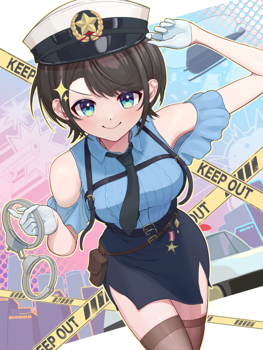 black_hair black_necktie black_skirt blue_eyes blue_shirt breasts caution_tape closed_mouth cuffs female gloves handcuffs hareteruya hat hat_ornament highres holding holding_handcuffs hololive necktie oozora_subaru peaked_cap police police_uniform policewoman shirt short_hair skirt smile solo star_(symbol) star_hat_ornament thighhighs virtual_youtuber white_gloves white_hat