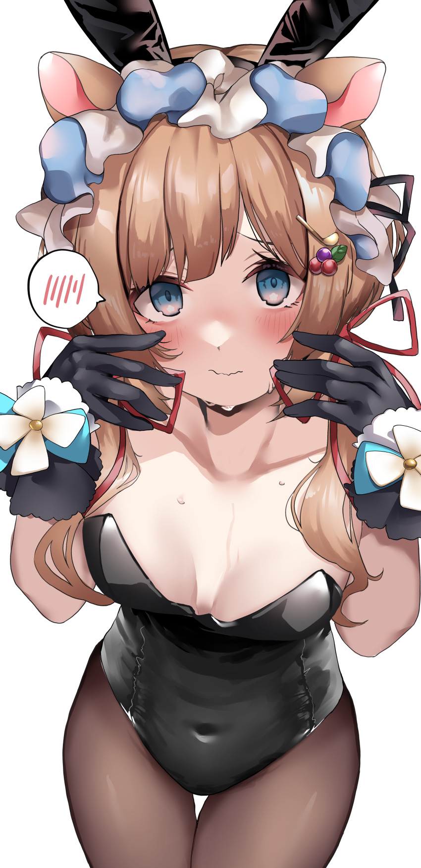 absurdres animal_ears black_gloves black_leotard blue_eyes blush breasts brown_hair brown_pantyhose closed_mouth covered_navel deer_ears eli_conifer embarrassed fake_animal_ears female from_above gloves hair_ornament hair_ribbon highres leotard long_hair looking_at_viewer low_twintails maid_headdress medium_breasts nekozane_ryo nijisanji nose_blush pantyhose playboy_bunny rabbit_ears red_ribbon ribbon simple_background solo spoken_blush strapless strapless_leotard sweat twintails virtual_youtuber wavy_mouth white_background