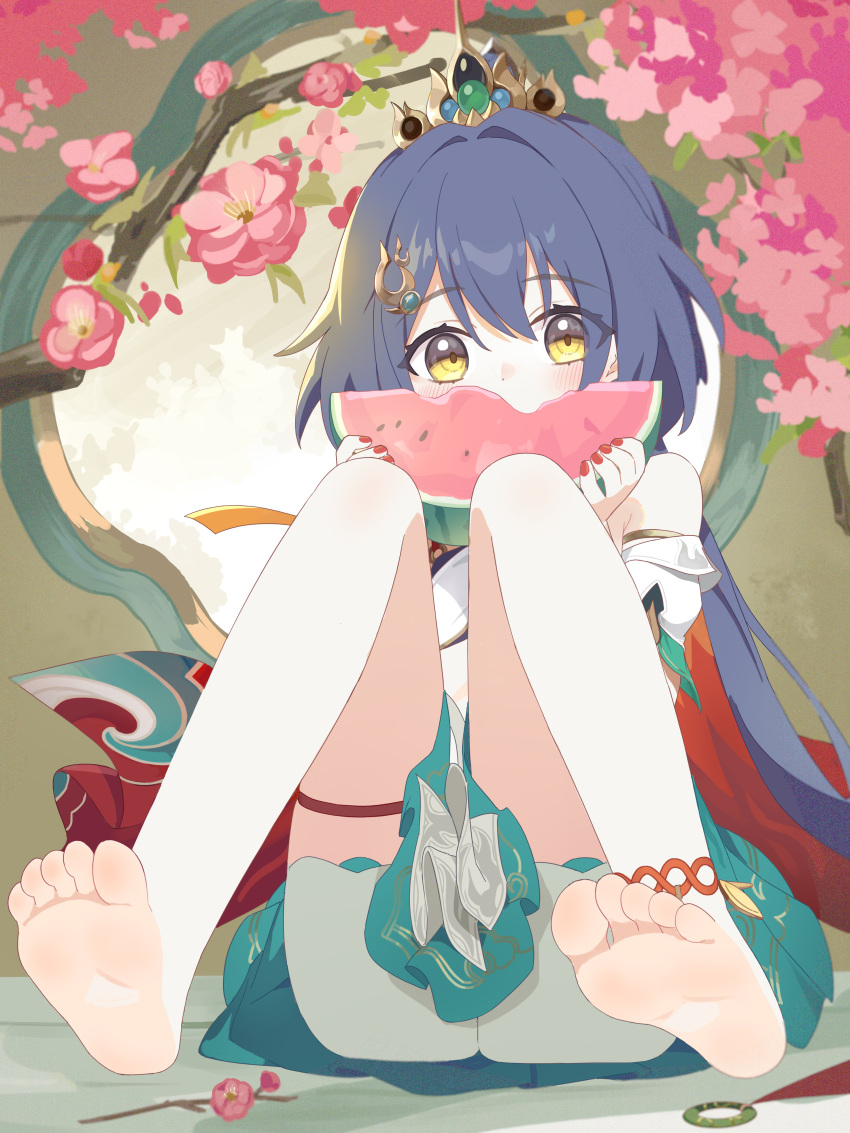 absurdres ass barefoot blue_hair blush cherry_blossoms chinese_clothes eating eyebrows_hidden_by_hair female food fruit full_body hair_between_eyes highres holding holding_food holding_fruit holding_watermelon honkai:_star_rail honkai_(series) long_hair looking_at_viewer mou_banlangen nail_polish sitting soles solo thigh_strap toes watermelon watermelon_slice yellow_eyes yunli_(honkai:_star_rail)