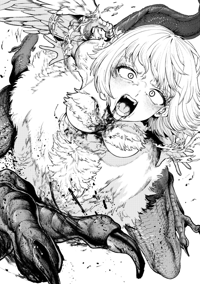 absurdres angry blood blood_from_mouth blood_on_chest blood_on_face body_fur breasts chimera claws commentary constricted_pupils dragon_tail dungeon_meshi falin_touden falin_touden_(chimera) fangs feathered_wings feathers female from_above greyscale highres looking_at_viewer monochrome monster_girl morimoto_atsushi open_mouth scales short_hair simple_background slit_pupils solo spoilers tail talons taur v-shaped_eyebrows wide-eyed wings