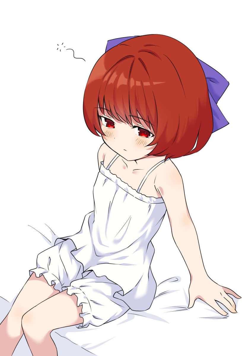 bare_shoulders bed_sheet bloomers blue_bow bow camisole commentary_request female flat_chest frilled_camisole frills from_above hairbow highres punidayo red_eyes red_hair sekibanki short_hair sitting sleeveless spaghetti_strap touhou white_bloomers white_camisole