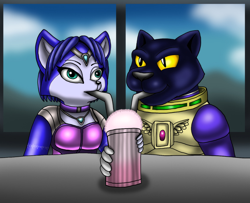 anthro beverage canid canine clothed clothing cloud date duo felid feline female fox furniture grin krystal_(star_fox) male male/female mammal milkshake mountain nintendo panther_caroso pantherine shirtless sky smile star_fox swimwear table topless topless_anthro topless_male true_fox vixdojofox water