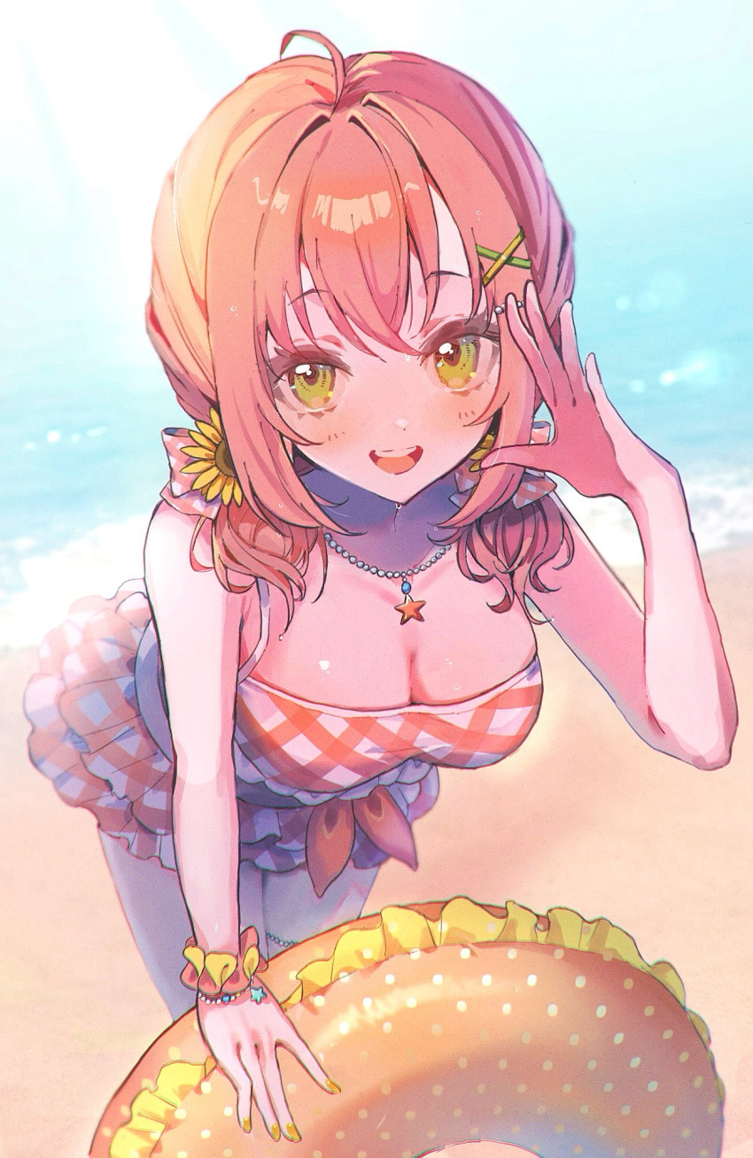 :d ahoge beach bead_necklace beads bikini bikini_skirt breasts day female flower frilled_bikini frills front-tie_bikini_top front-tie_top green_eyes hair_flower hair_ornament highres honma_himawari honma_himawari_(13th_costume) innertube jewelry leaning_forward long_hair looking_at_viewer low_twintails medium_breasts necklace nijisanji ocean orange_bikini orange_hair orange_nails outdoors plaid_bikini plaid_clothes sanzui_(p42xy) scrunchie smile solo star_(symbol) star_necklace sunflower sunflower_hair_ornament swim_ring swimsuit thighlet twintails two-tone_bikini virtual_youtuber wet white_bikini wrist_scrunchie x_hair_ornament yellow_scrunchie