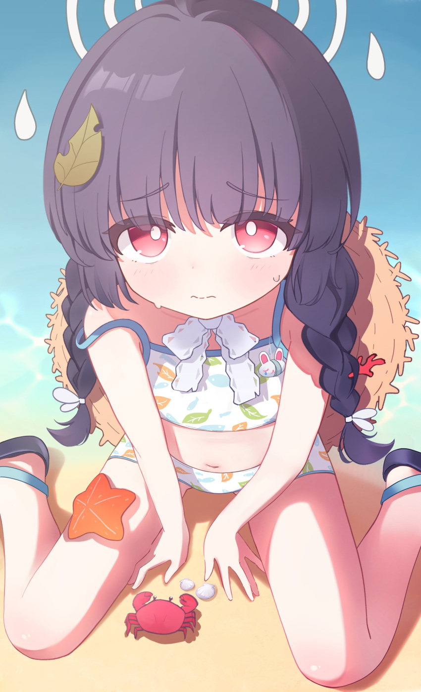 absurdres bare_shoulders bikini black_hair blue_archive braid bright_pupils closed_mouth commentary crab female from_above halo hat_on_back highres kohaku_rinne leaf leaf_on_head leaf_print long_hair looking_at_viewer looking_up miyu_(blue_archive) miyu_(swimsuit)_(blue_archive) navel official_alternate_costume on_ground print_bikini red_eyes sand sandals seashell shell sitting solo starfish strap_slip sweatdrop swimsuit twin_braids wariza white_bikini white_pupils