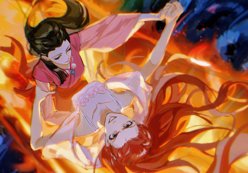 2girls black_hair blue_eyes breasts bridge burning burning_building closed_eyes collarbone dahlia_hawthorne dancing dress empty_eyes evil_grin evil_smile fire floating_hair from_above grin gyakuten_saiban highres holding holding_hands iris_(ace_attorney) jewelry laechos long_hair looking_at_viewer lying magatama makeup multiple_girls night nun orange_hair outdoors parted_lips phoenix_wright:_ace_attorney_-_trials_and_tribulations pink_dress ponytail red_hair robe see-through_clothes shirt siblings sisters smile white_dress