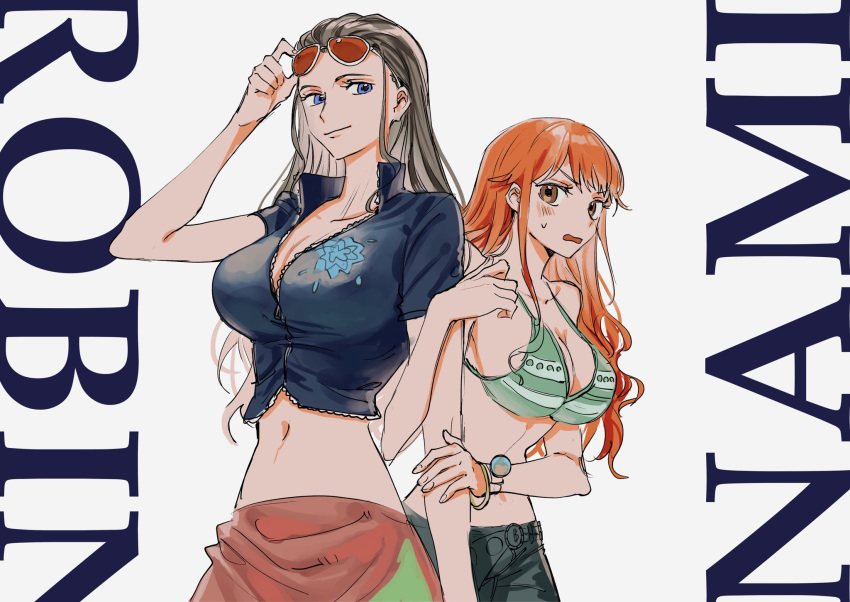 2girls bikini bikini_top_only black_hair blue_eyes blue_jacket blush bracelet character_name commentary_request cowboy_shot cropped_jacket eyewear_on_head high_collar highres jacket jewelry kora_(sinntaro) locked_arms log_pose long_hair looking_at_another multiple_girls nami_(one_piece) navel nico_robin one_piece orange_hair pink_sarong sarong sidelocks simple_background smile sweatdrop swimsuit