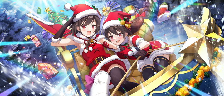 2girls :d arm_hug arm_up bandaged_leg bandages belt black_choker black_gloves black_thighhighs blush bow breasts brown_belt brown_hair cape choker christmas christmas_present christmas_stocking christmas_tree dress elbow_gloves fur-trimmed_cape fur_trim game_cg gift gloves hairbow hat_ornament high_belt highres holly holly_hat_ornament kono_subarashii_sekai_ni_shukufuku_wo! konosuba_fantastic_days large_breasts leg_ribbon long_hair looking_at_viewer low-tied_long_hair matching_outfits megumin multiple_girls official_alternate_costume official_alternate_hairstyle official_art open_mouth pine_tree pink_ribbon red_bow red_cape red_eyes red_ribbon ribbon santa_costume santa_dress santa_gloves short_dress short_hair short_hair_with_long_locks short_shorts shorts shorts_under_dress sidelocks single_thighhigh sleigh small_breasts smile snow strapless strapless_dress sunlight thigh_ribbon thighhighs tree white_choker worried yunyun_(konosuba) zettai_ryouiki