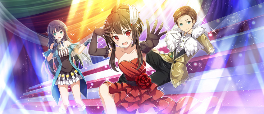 1boy 2girls bare_shoulders black_gloves black_hair black_sash breasts brown_hair cleavage collarbone dress elbow_gloves feather_hair_ornament feathers flower game_cg gloves green_eyes hair_bun hair_ornament hand_on_own_forehead high-low_skirt highres kono_subarashii_sekai_ni_shukufuku_wo! konosuba_fantastic_days lia_(konosuba) long_dress long_hair looking_at_viewer megumin multiple_girls official_alternate_costume official_alternate_hairstyle official_art on_one_knee open_mouth outstretched_arm reaching reaching_towards_viewer red_dress red_eyes red_flower sash satou_kazuma short_hair short_hair_with_long_locks sidelocks single_hair_bun small_breasts smile strapless strapless_dress white_feathers