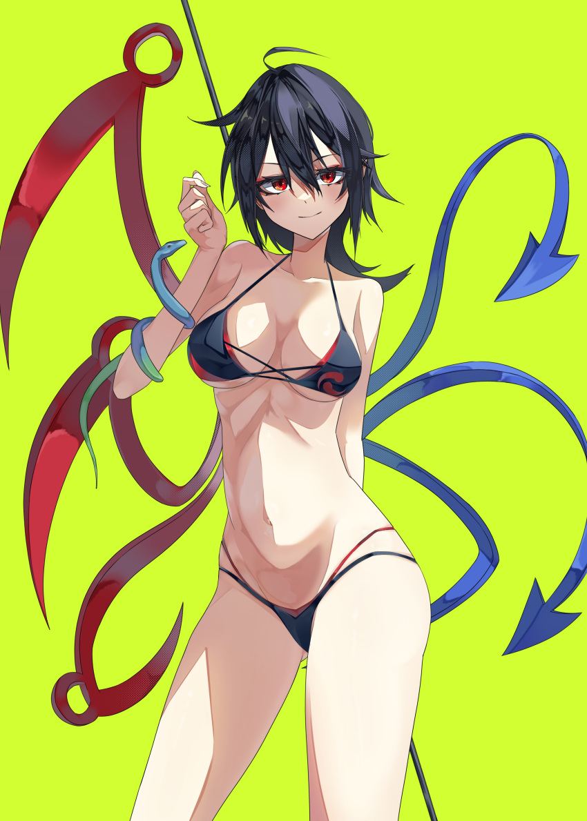 absurdres arrow_(symbol) asymmetrical_wings bikini black_bikini black_hair bow bowtie breasts buttons closed_mouth cowboy_shot female fingernails frills fumaru22 green_background hair_between_eyes hand_up highres houjuu_nue long_fingernails looking_at_viewer medium_breasts navel red_eyes short_hair short_sleeves simple_background smile snake solo standing swimsuit touhou wings