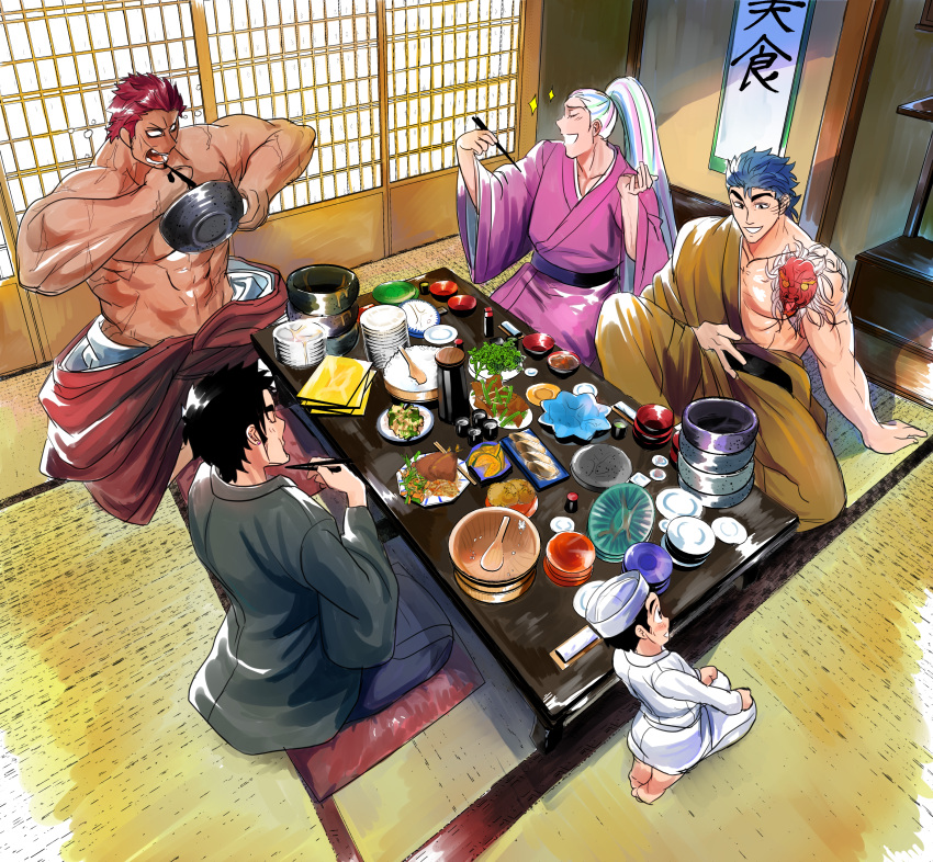 5boys absurdres black_hair blue_hair chef chef_hat chest_tattoo coco_(toriko) cushion ear_piercing eating green_hair green_kimono hair_slicked_back hair_strand hand_on_own_stomach hanging_scroll hat highres japanese_clothes kimono komatsu_(toriko) multicolored_hair multiple_boys open_clothes open_kimono photoshop_(medium) piercing pink_hair pink_kimono plate red_hair rei_(lemon2525) rice scroll scroll_background seiza shamoji sitting soy_sauce sparkle sunny_(toriko) table tatami tattoo toriko toriko_(series) yellow_kimono zabuton zebra_(toriko)