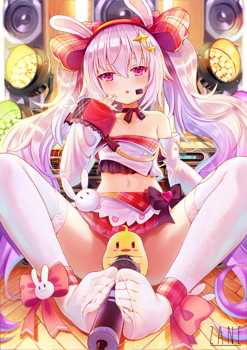 animal_ears ankle_ribbon azur_lane baozi bare_shoulders between_feet bow breasts detached_sleeves feet female food hair_between_eyes hairband hairbow headset highres holding_with_feet implied_footjob laffey_(azur_lane) laffey_(bunny_idol_@unmotivated)_(azur_lane) leg_ribbon long_hair long_sleeves looking_at_viewer md5_mismatch microphone midriff navel no_shoes photoshop_(medium) plaid plaid_skirt pleated_skirt rabbit_ears red_eyes ribbon sexually_suggestive simulated_footjob sitting skirt solo spread_legs sxbzero thighhighs twintails very_long_hair white_thighhighs