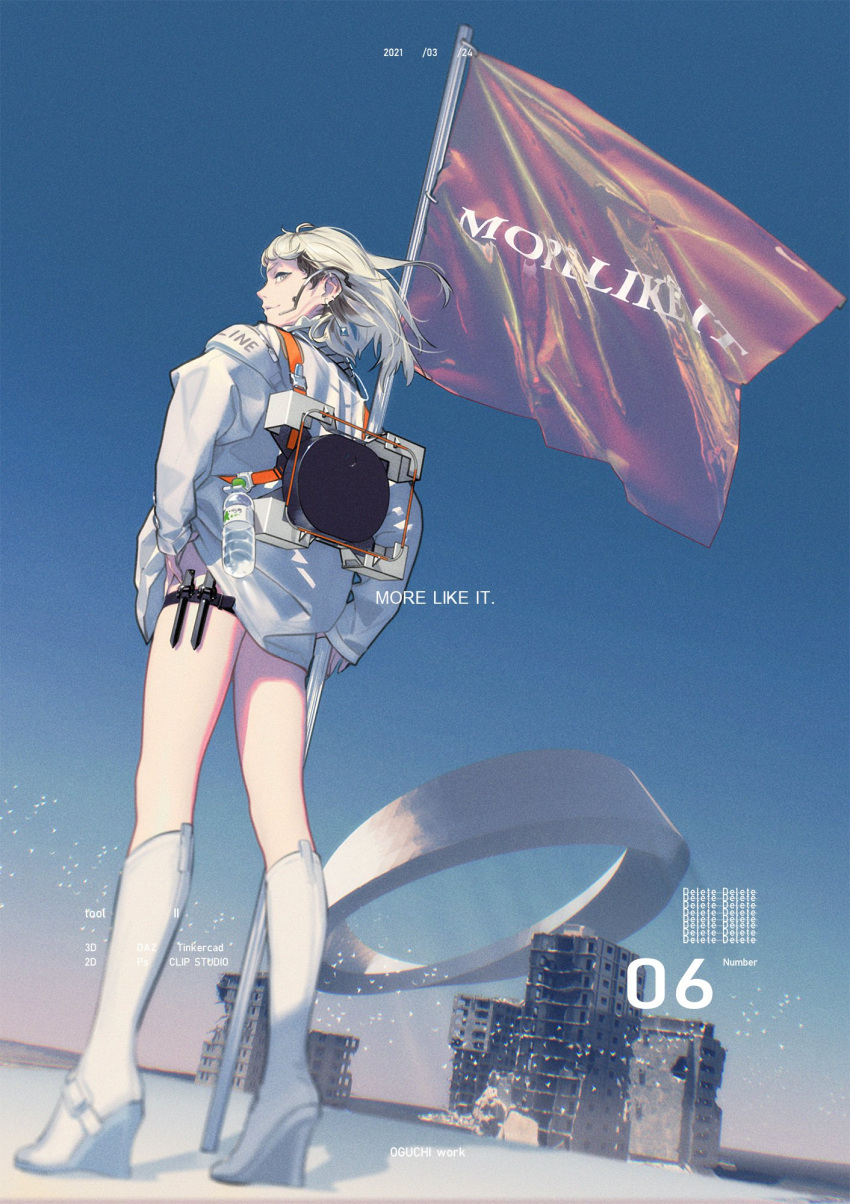 back black_hair bottle earrings female flag grey_eyes high_heels highres jewelry oguchi original platinum_blonde_hair sleeves_past_wrists smile solo thigh_strap