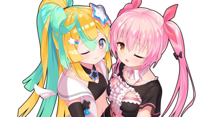 2girls :3 amakawa_hano aqua_hair arm_warmers bettle_(b_s_a_n) blonde_hair blush bow breasts brown_eyes cleavage detached_collar dress flat_chest frills hair_ornament hairbow hairclip highres himekuma_ribon jewelry long_hair looking_at_viewer midriff multicolored_hair multiple_girls navel one_eye_closed open_mouth pink_bow pink_hair re:act ribbon small_breasts smile star_(symbol) star_hair_ornament transparent_background two-tone_hair very_long_hair virtual_youtuber