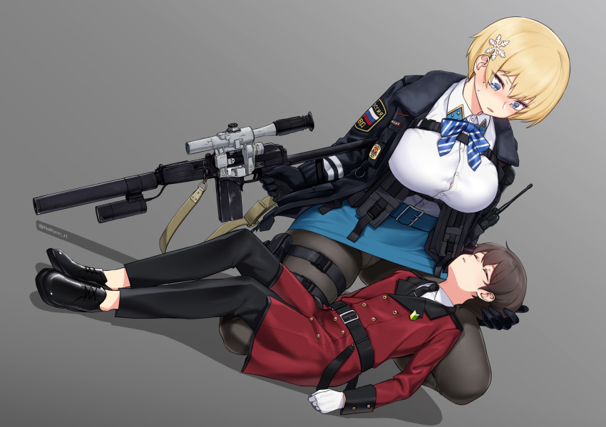 1boy badge belt black_belt black_footwear black_gloves black_jacket black_legwear black_necktie black_pants blonde_hair blue_belt blue_eyes blue_ribbon blue_skirt blush breasts brown_hair button_gap buttons collared_shirt commander_(girls'_frontline) commentary double-breasted female full_body girls'_frontline gloves grey_background griffin_&_kryuger_military_uniform gun hair_between_eyes hair_ornament highres holding holding_another's_head holding_gun holding_weapon holster jacket large_breasts little_boy_commander_(girls'_frontline) long_sleeves looking_at_another magazine_(weapon) miniskirt mole mole_under_eye narynn neck_ribbon necktie on_one_knee open_mouth panties panties_under_pantyhose pants pantyhose pantyshot red_jacket ribbon shadow shirt shirt_tucked_in shoes short_hair shoshinsha_mark sidelocks simple_background skirt snowflake_hair_ornament sweatdrop thigh_holster thighband_pantyhose twitter_username unconscious underbust underwear uniform vsk-94 vsk-94_(girls'_frontline) weapon white_gloves white_shirt